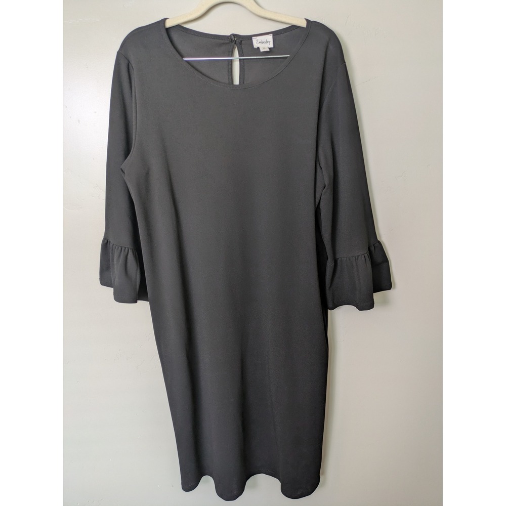 Emberley Shift Dress Women's XL Black Ruffle Bell Sleeve Round Neck Stretch‎
